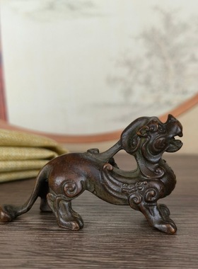 复古包浆合金茶宠貔貅摆件实心独角兽茶台桌面老铜器