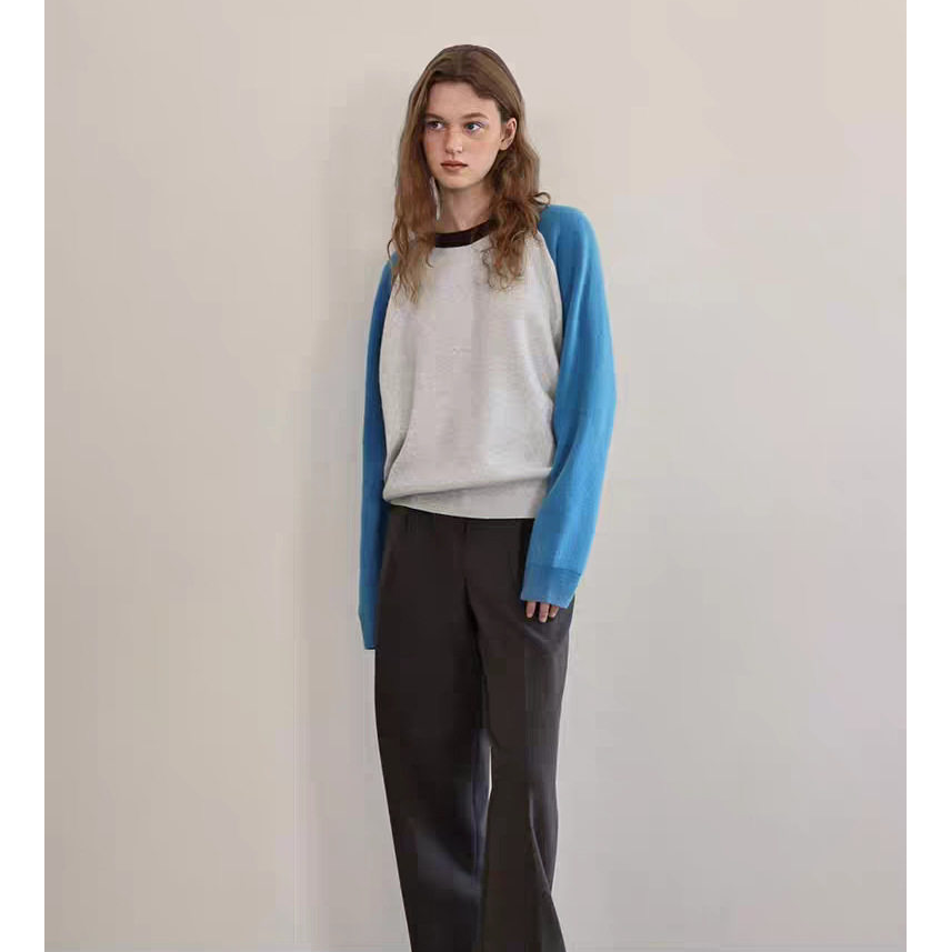 现货！章若楠同款蓝色插肩袖针织毛衣2026韩国圆领拼色羊毛上衣女,淘宝优惠券,粉丝福利购,淘宝优惠卷