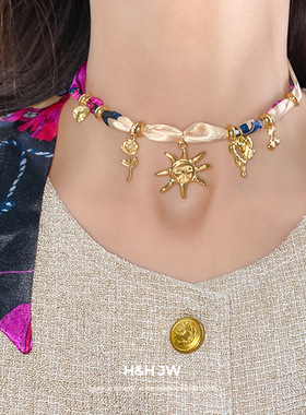 彩染印花布料太阳丝巾项链新款个性时尚百搭锁骨链小众感项饰