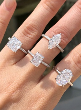 S925纯银戒指女8A锆石雷迪恩冰花切高碳钻方形鸽子蛋指环轻奢设计