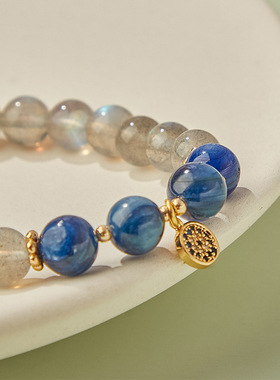 天然水晶手链女蓝水晶灰月光石拉长石蓝晶石珠子手串百搭轻奢ins