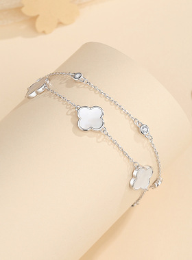 S925纯银五花四叶草贝壳手链女白贝母中式五花轻奢百搭小红书手串