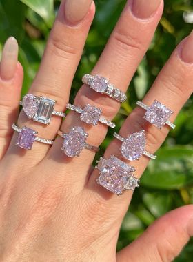 S925纯银戒指女时尚个性高碳钻8A锆石冰花切闭口戒指环ins轻奢风