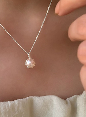s925纯银ins风单颗淡水珍珠项链女优雅轻奢不规则感吊坠