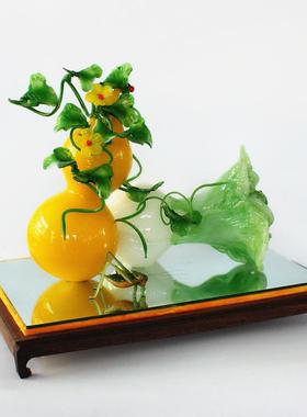 灯工琉璃白菜摆件植物实木纯手工礼盒装博山开业送礼高级礼品