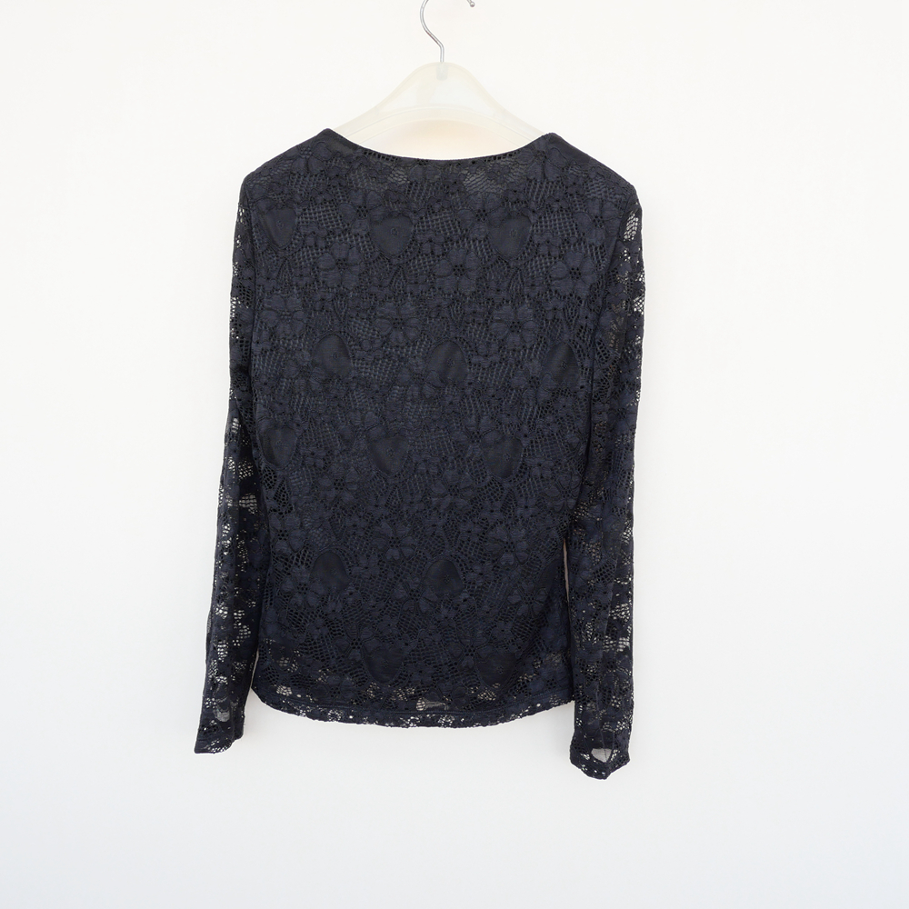 拉系/S专柜断码女春秋舒柔锦纶弹力修身长袖蕾丝针织衫5A3296黑色 - 图3