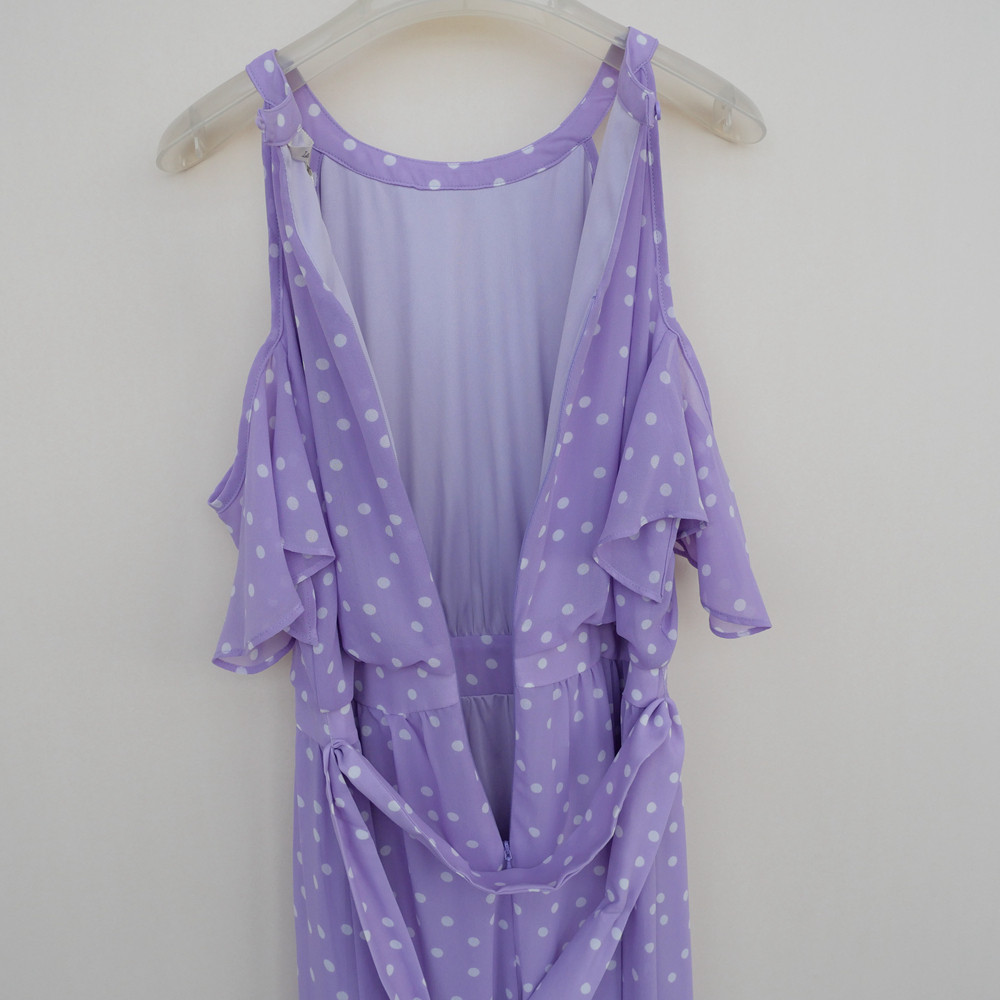 拉系列S/M/L正品超值 夏雪纺印花露肩荷叶袖长裙连衣裙4A8513淡紫