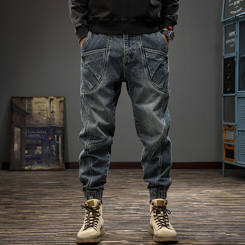 重磅拼接工装牛仔裤男宽松复古美式高街裤子潮流百搭哈伦束脚男裤,淘宝优惠券,粉丝福利购,淘宝优惠卷