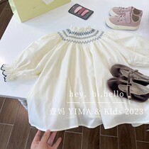 Korean children dress girl white dress dress for autumn clothing for children retro embroidery dresses Baby Bubble sleeves Long dress