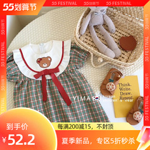 Korean childrens clothing girls summer dress foreign school short sleeves dress childrens plaid skirt baby cute bear princess skirt
