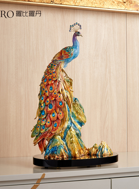 罗比罗丹彩绘孔雀装饰摆件客厅书房工艺品家居饰品鸟类雕塑摆设