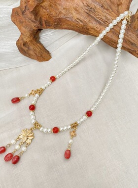 新中式复古红水滴璎珞项链