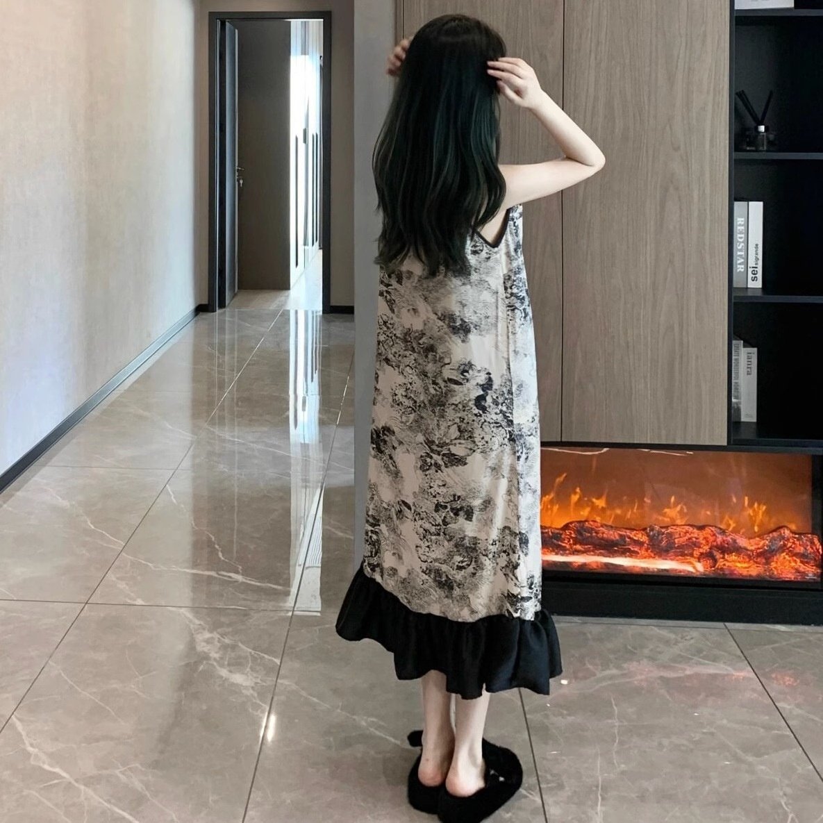 新中式水墨画短袖冰丝睡衣女夏天大码吊带睡裙带胸垫家居服套装,淘宝优惠券,粉丝福利购,淘宝优惠卷