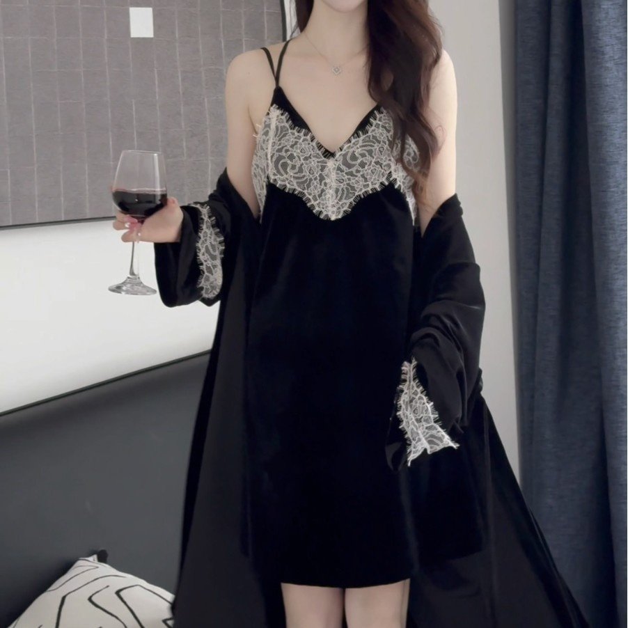 花边金丝绒刺绣短款睡衣性感露背吊带睡裙系带外袍女家居服套装,淘宝优惠券,粉丝福利购,淘宝优惠卷