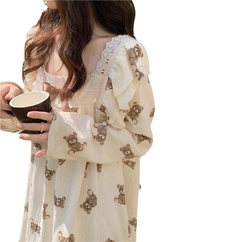 可爱甜美小熊长袖韩版睡裙宽松睡衣女秋冬款宽松家居服可外穿春,淘宝优惠券,粉丝福利购,淘宝优惠卷
