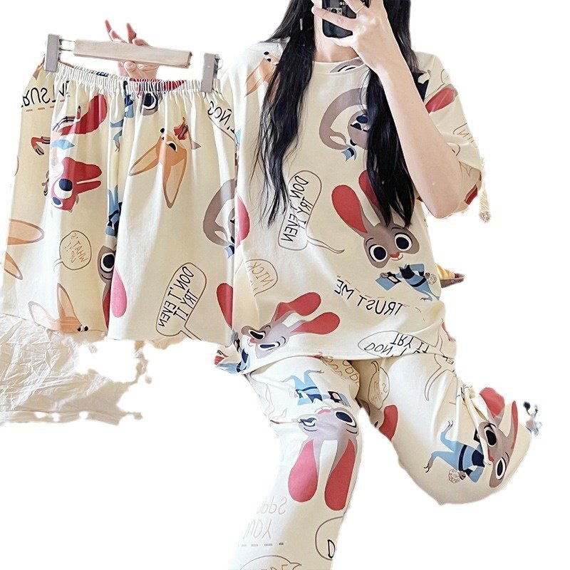 薄款夏季仿棉短袖短裤长款睡裙圆领睡衣女士四件套家居服套装外穿,淘宝优惠券,粉丝福利购,淘宝优惠卷