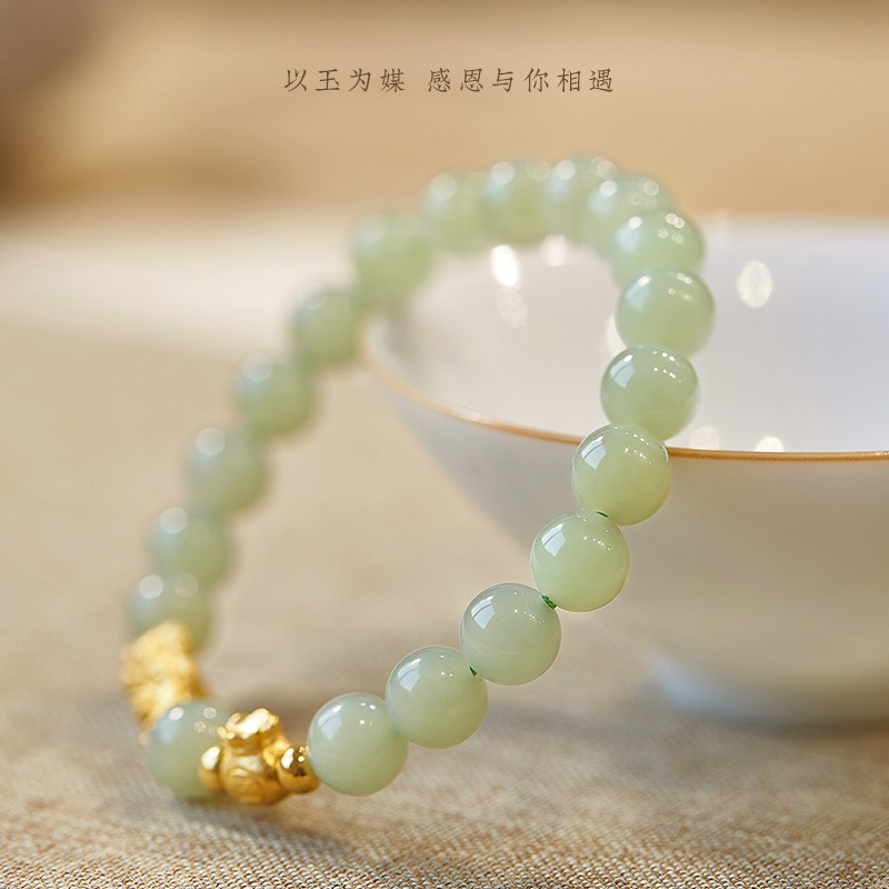 和田玉手串女999足金黄金貔貅手链生日礼物女生送女友送老婆妈妈
