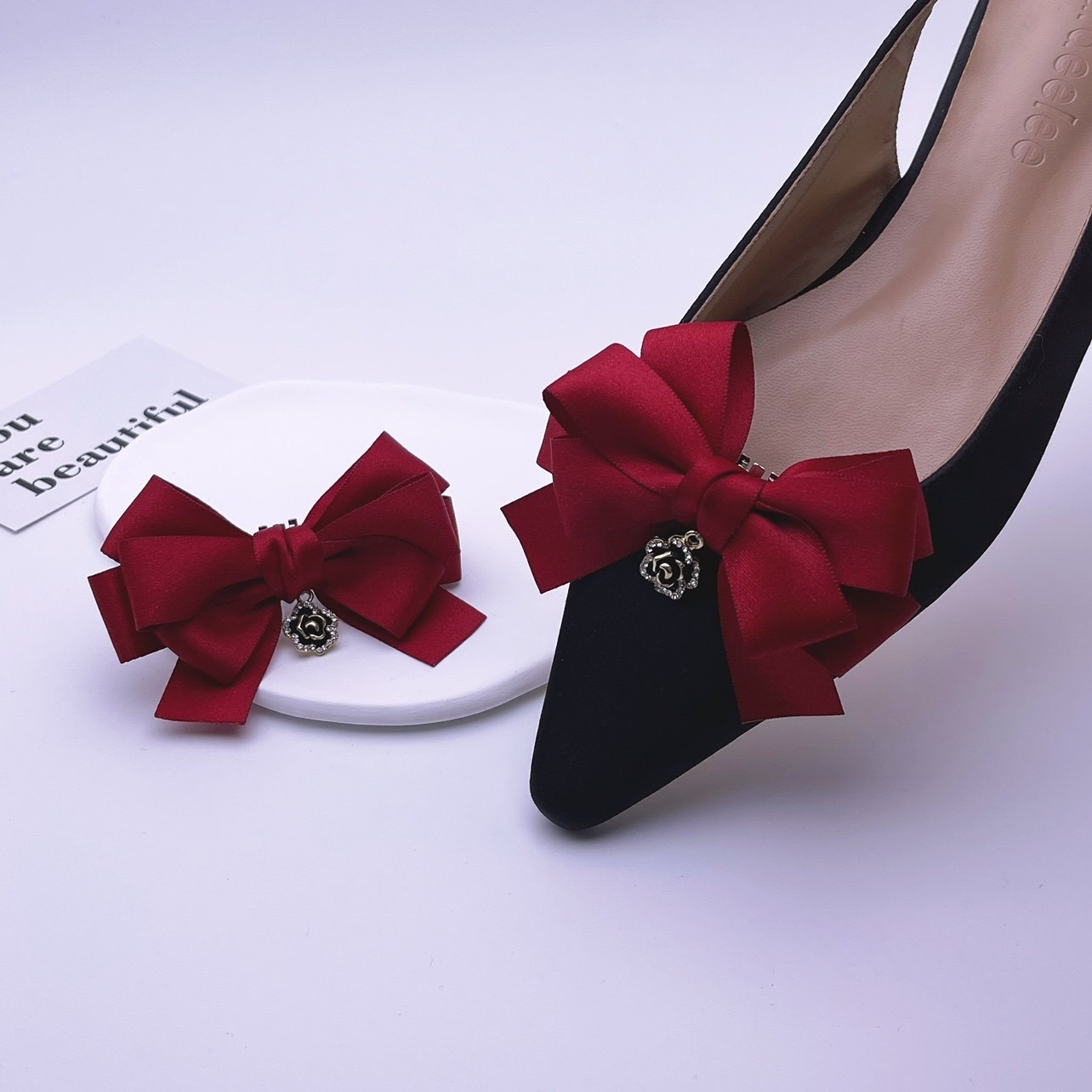 情人节礼物酒红色玫瑰花蝴蝶结鞋夹扣鞋花可拆卸鞋饰品丝带鞋面花,淘宝优惠券,粉丝福利购,淘宝优惠卷