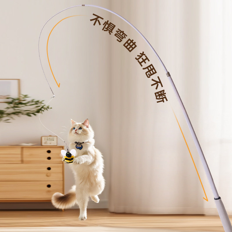 猫玩具长杆可伸缩钓鱼竿逗猫棒仿真昆虫替换头带铃铛猫咪玩具大全