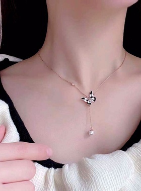 小众简约棋盘格蝴蝶贝珠吊坠项链女s925纯银仙气美少女饰品送闺蜜