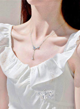 流苏蝴蝶项链纯银锁骨链女蓝宝石
