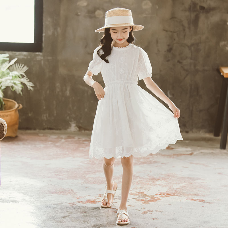 女童连衣裙夏装2024新款中大童白色裙子夏季女孩蕾丝公主裙超洋气