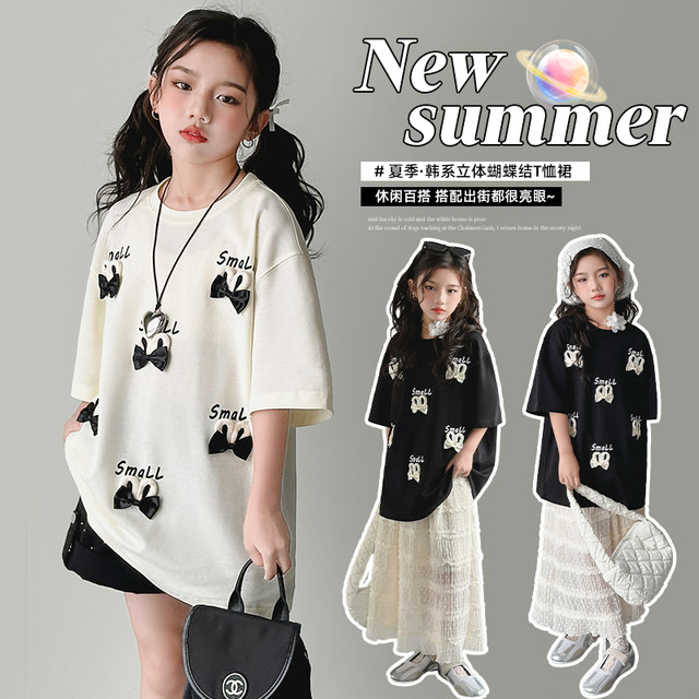 Round neck sweet short-sleeved bow T-shirt mid-length style