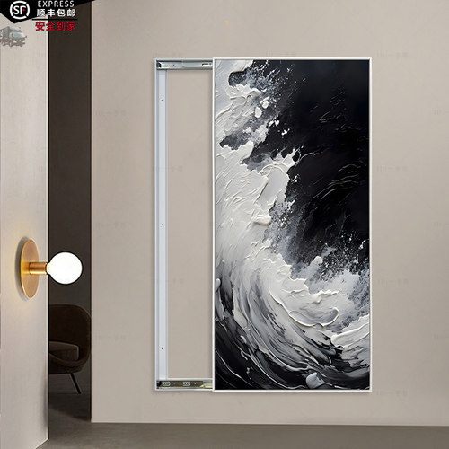 定制电箱电闸箱客厅黑白配推拉门消防栓遮挡画抽像海浪艺术装饰画 - 图0