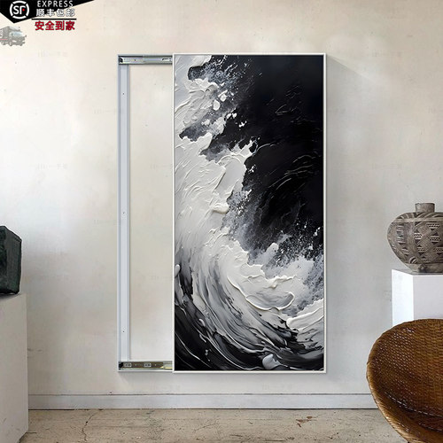 定制电箱电闸箱客厅黑白配推拉门消防栓遮挡画抽像海浪艺术装饰画 - 图1