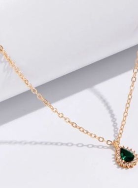 ANENJERY Luxury Emerald Color Necklace Women's Green Oval Zi