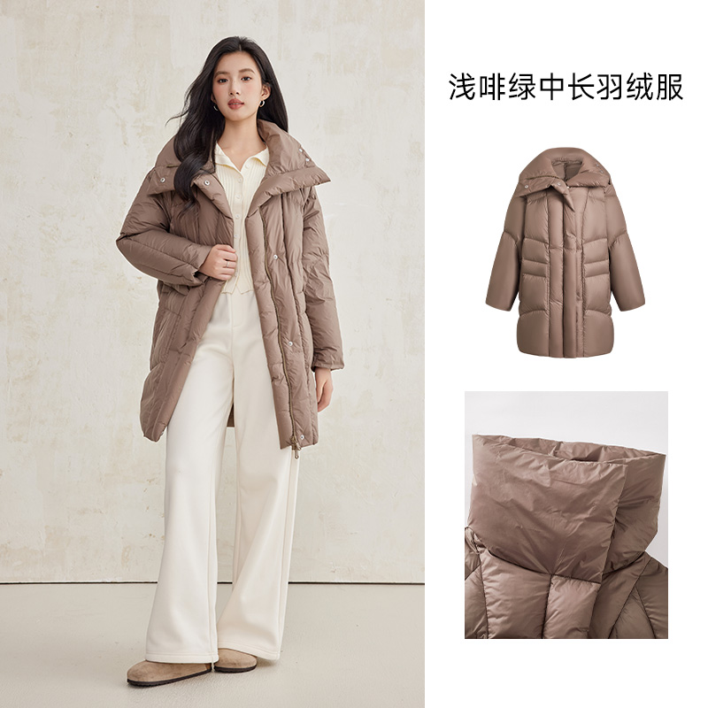 A21女装梭织宽松立领落肩开襟厚中长羽绒服时尚韩版长款羽绒外套 - 图3