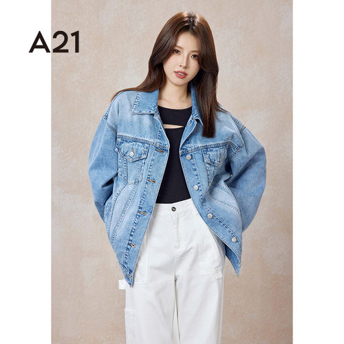 A21女装工装夹克秋季宽松落肩开胸复古机车夹克痞帅深色外套 - 图1