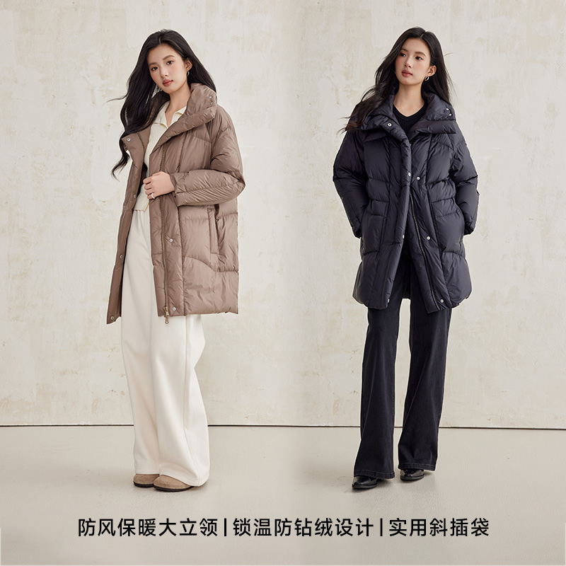 A21女装梭织宽松立领落肩开襟厚中长羽绒服时尚韩版长款羽绒外套 - 图1