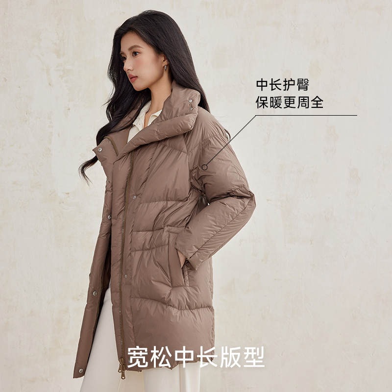 A21女装梭织宽松立领落肩开襟厚中长羽绒服时尚韩版长款羽绒外套 - 图2