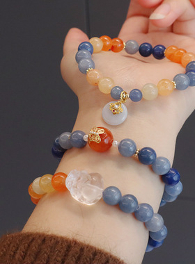 天然蓝东陵金丝玉手链女翡翠平安扣貔貅转运珠手链复古中国风手串