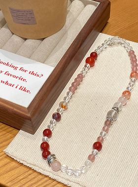 新中式复古樱桃红多宝天然白水晶双圈手链轻奢红胶花草莓晶手链