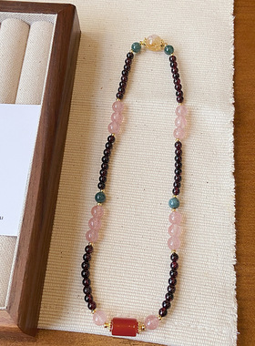 新中式复古双圈天然石榴石多宝手串草莓晶黄塔晶翡翠玛瑙气质
