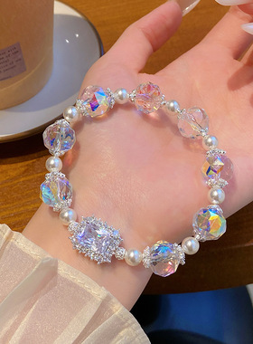 新款轻奢手作切面超闪人造K9水晶手串高颜值水钻蝴蝶结手链