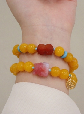 金黄青绿黄玛瑙新中式手链