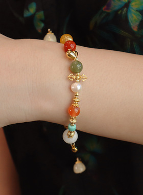 天然多宝水晶手链屁桃沙金配件高级感设计和田玉蜜蜡芭比檀木