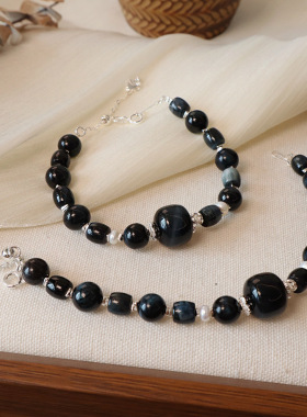 天然蓝虎眼石手串女高货木变石闪电纹简约百搭情侣手链男高级感