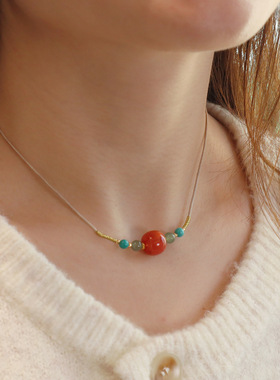 原创设计天然川料南红项链手作设计抽拉秋冬毛衣链高级感富贵