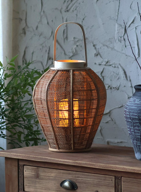 复古麻布风手提灯烛台手工木质氛围感灯笼装饰摆件民宿侘寂风艺术