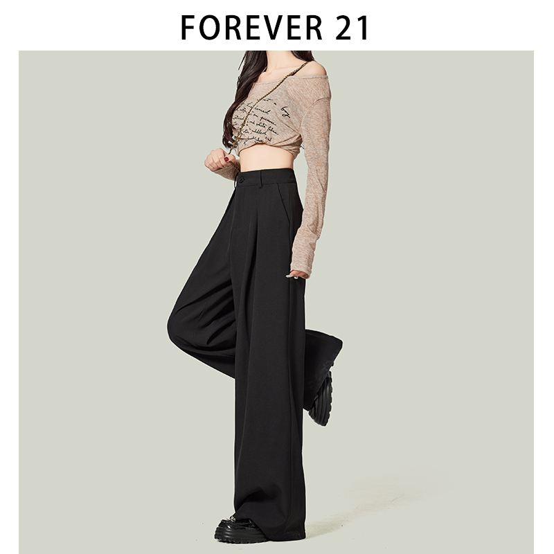 Forever 21高级气质垂坠感黑色西装裤女装显瘦高腰小个子阔腿裤子