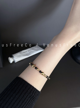 VenusFreeCo 高及感简约18k镀金天然黑玛瑙金珠珠豆豆手链日常