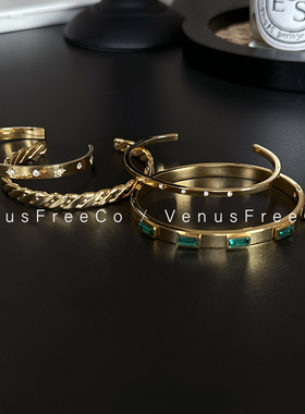 18k镀金法式绿宝石麻花手镯