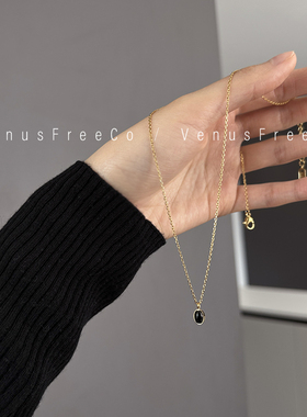 经典18k镀金简洁一颗黑色宝石项链锁骨链日常好搭单戴叠戴简约