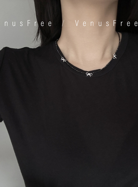 闪闪发光!韩国925纯银芭蕾系列蝴蝶结小颗黑水晶锁骨链项链银饰