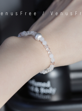 手工定制925纯银一颗磨砂纯银珠清透奶白水晶淡粉白玉手串手链