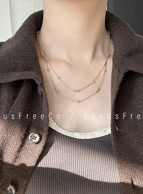 VenusFreeCo 双层18k镀金豆豆精致细锁骨链项链轻奢闪闪日常简约